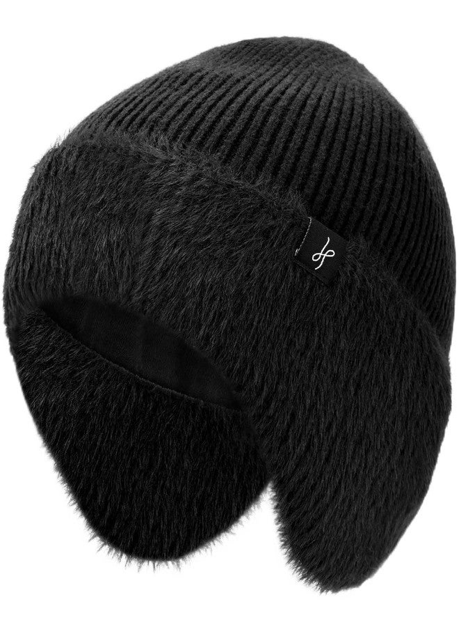 HAMUNI Winter Fleece-Lined Beanie with Earflaps, Warm Windproof Unisex Beanie Hat for Skiing, Hiking & Outdoor Winter Sports Pitch Black - Image 1